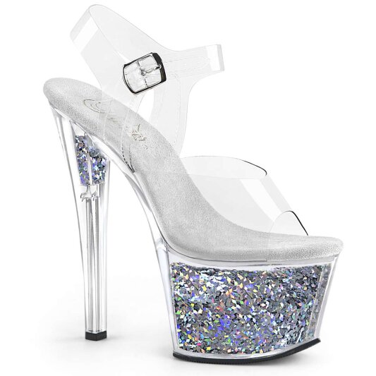 Pleaser Sandalia de Tacón SKY-308GF Plata Transparente Multi Purpurina