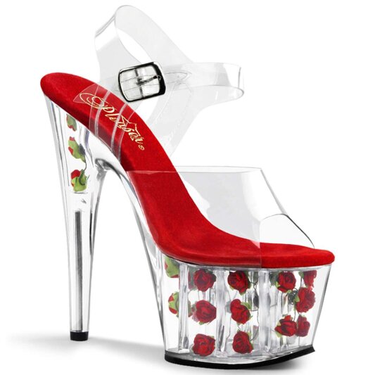 Pleaser Sandalia de Tacón ADORE-708FL Rojo Flores Transparente EU-37 / US-7