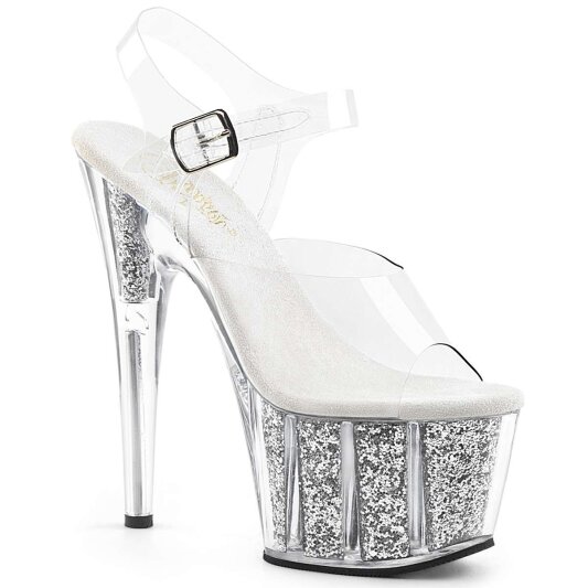 Pleaser Sandalia de Tacón ADORE-708G Plata Transparente Purpurina EU-35 / US-5