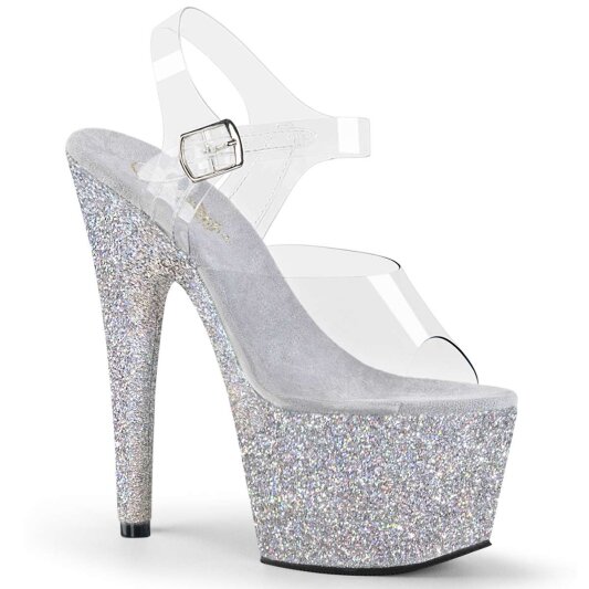 Pleaser Sandalia de Tacón ADORE-708HMG Plata Transparente Multi Purpurina EU-35 / US-5