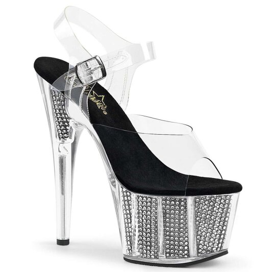 Pleaser Sandalia de Tacón ADORE-708SRS Plata Transparente Negro EU-38 / US-8