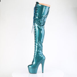 Pleaser ADORE-3020GP Botas de Plataforma sobre la Rodilla de Charol con Purpurina Verde Azul
