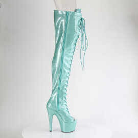 Pleaser ADORE-3021GP Botas de Plataforma sobre la Rodilla de Charol con Purpurina Azul