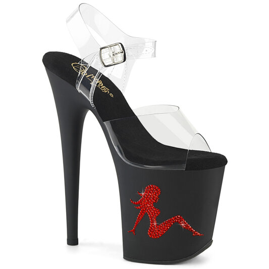 Pleaser FLAMINGO-808TGRS Sandalias Plataforma Tono Claro pedrería Negro Rojo