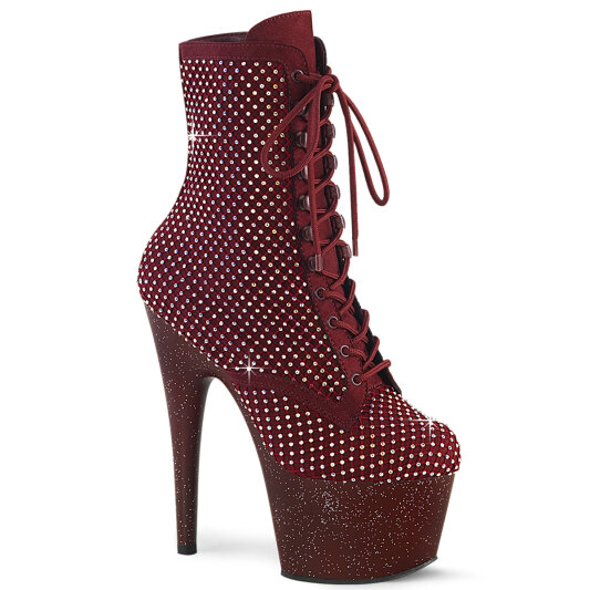 Pleaser ADORE-1020RM Botines de Plataforma de Cuero Sintético con Malla de pedrería en color tinto - Talla EU-37 / US-7