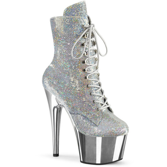 Pleaser ADORE-1020SQ-02 Botines de Plataforma con lentejuelas Hologramagráficas cromadas en plata - Talla EU-35 / US-5