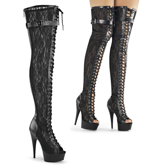Pleaser Bota Alta DELIGHT-3025ML Cuero sintético-Malla-Encaje negro EU-35 / US-5
