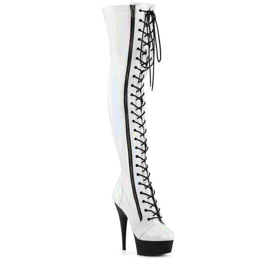 Pleaser DELIGHT-3029 Botas por encima de la rodilla con Plataforma Charol Holograma Blanco EU-39 / US-9