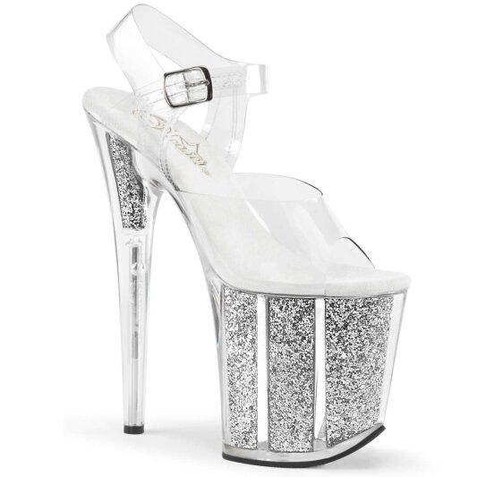 Pleaser Sandalia de Tacón FLAMINGO-808G Plata Transparente Purpurina EU-35 / US-5