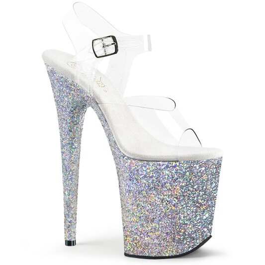 Pleaser Sandalia de Tacón FLAMINGO-808LG Plata Transparente Multi Purpurina EU-35 / US-5