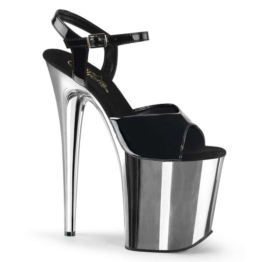 Pleaser Sandalia de Tacón FLAMINGO-809 Negro Charol Plata Metalizado EU-35 / US-5