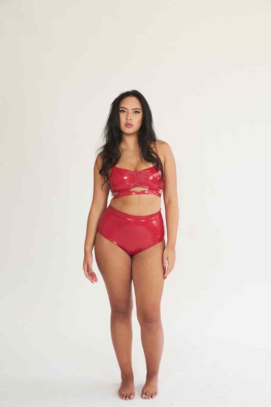 Lunalae Pantalones Cortos High Waist Basic Efecto Charol Rojo M