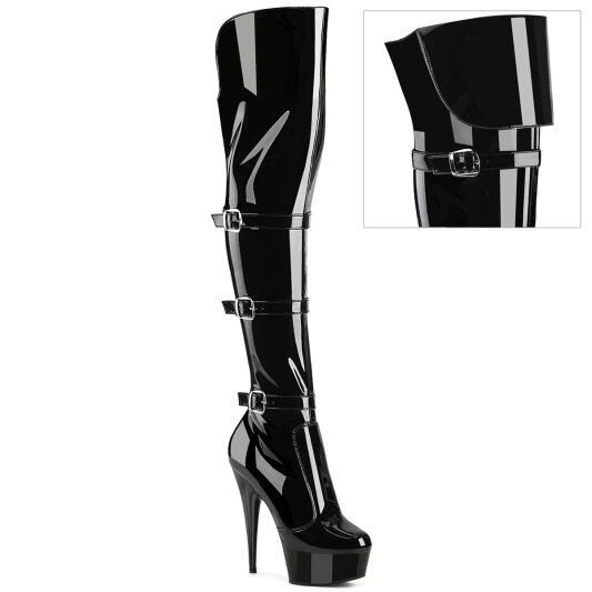 Pleaser DELIGHT-3018 Botas por encima de la rodilla con Plataforma Charol Negro EU-37 / US-7