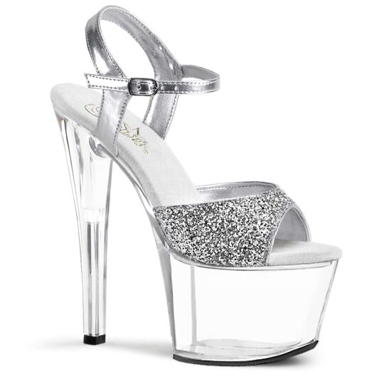 Pleaser Sandalia de Tacón SKY-310 Purpurina Plata Transparente EU-41 / US-11