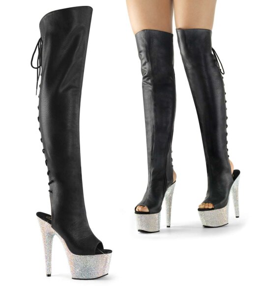 Pleaser Botas por encima de la Rodilla BEJEWELED-3019DM-7 Negro Cuero SintéticoPlata Multi Purpurina EU-37 / US-7
