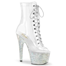 Pleaser BEJEWELED-1021C-7 Plateau Ankle Boots Rhinestones Transparent Silver