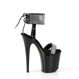 Pleaser FLAMINGO-870 Sandalia de Tacón Plataforma Charol Metalizado Negro Plata EU-35 / US-5