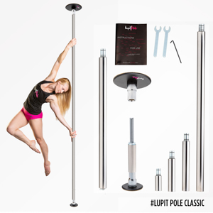 Lupit Pole Classic Pole Dancing Pole mit Model, welches daran tanzt. Daneben alle Einzelteile aus denen die Pole zusammen gesetzt ist.