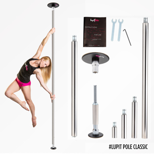 Lupit Pole Barra de Danza Clásica con modelo bailando en ella. A su lado todas las partes individuales que componen la barra.