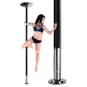 X-Pole barra de pole dance negra con modelo bailando en ella